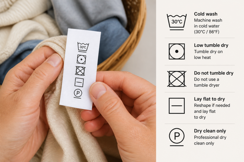 Clothing care label symbols showing washing and drying instructions