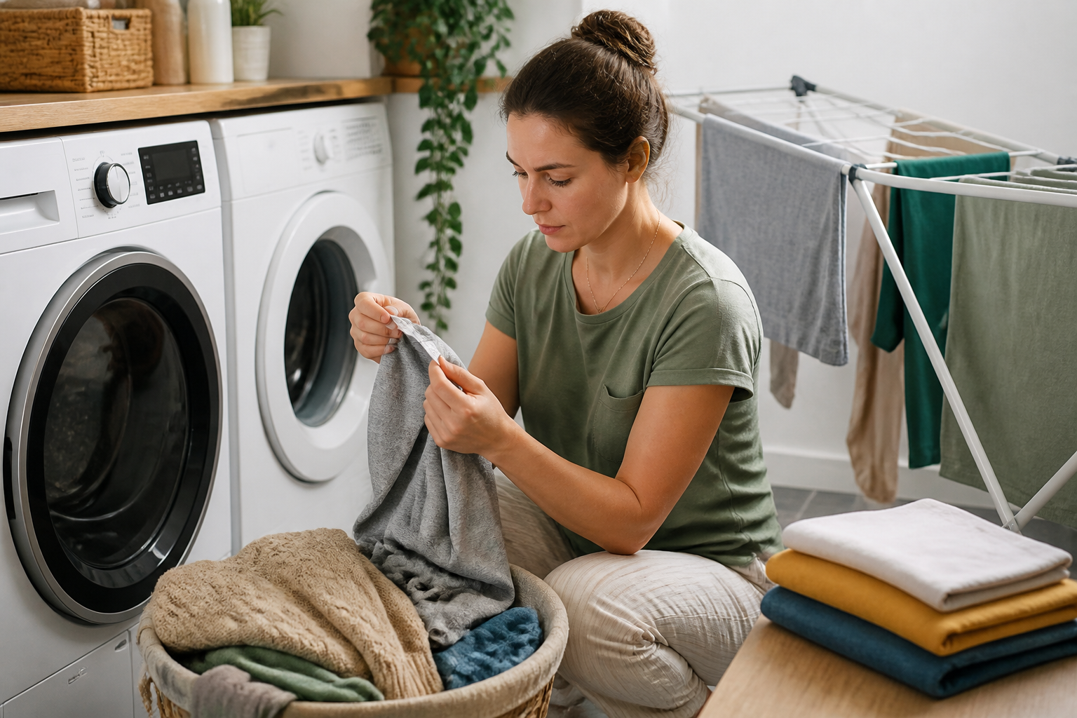 Person checking a garment care label before washing and drying clothes on a low-heat setting