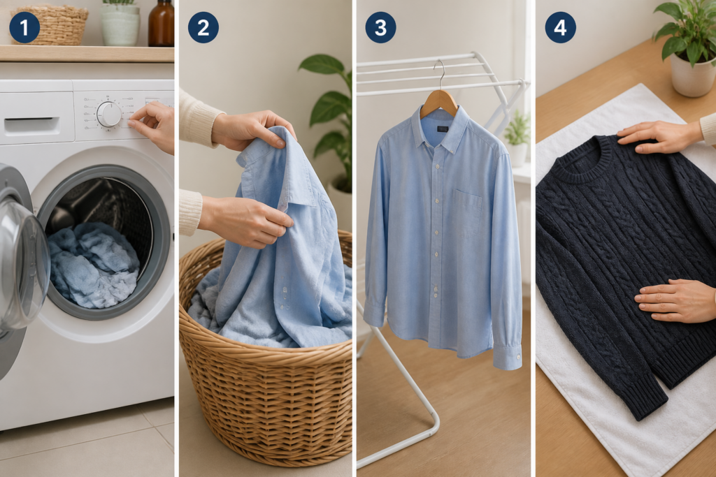 Safe laundry routine from cool washing to reshaping and air-drying clothes
