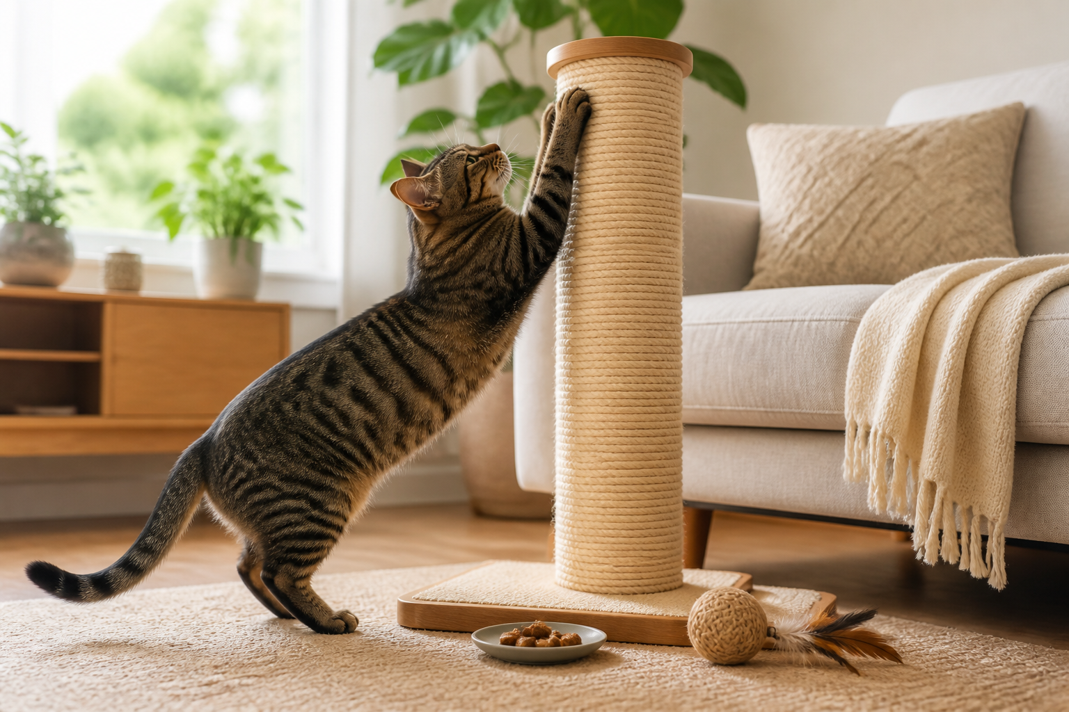 Cat happily using a tall scratching post beside a sofa while being positively redirected from furniture