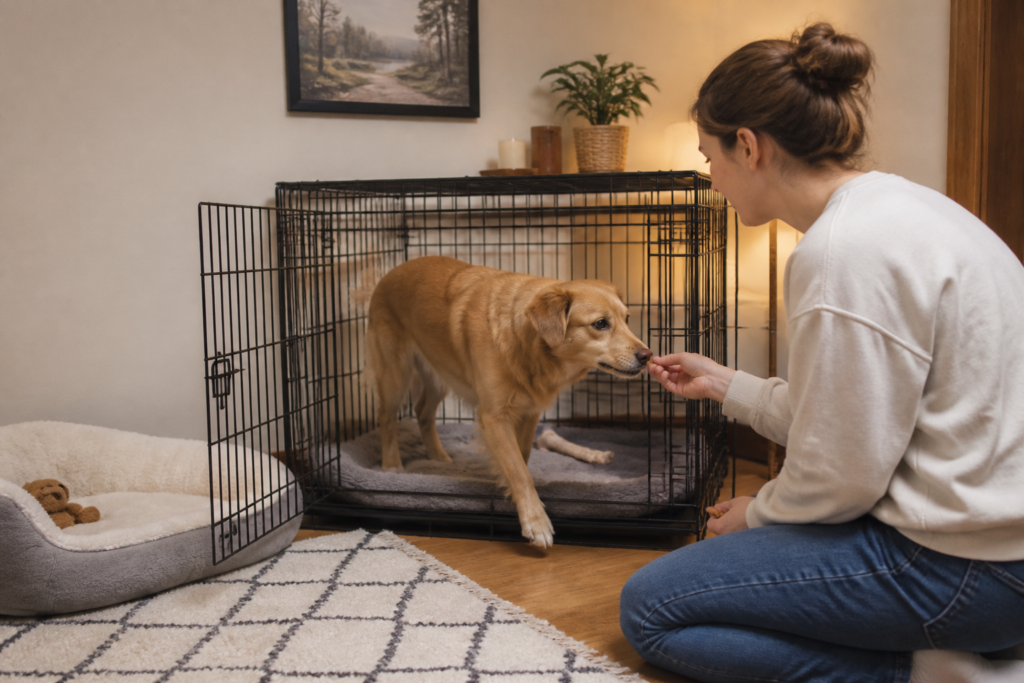 Dog calmly settling into an open crate during positive reinforcement training