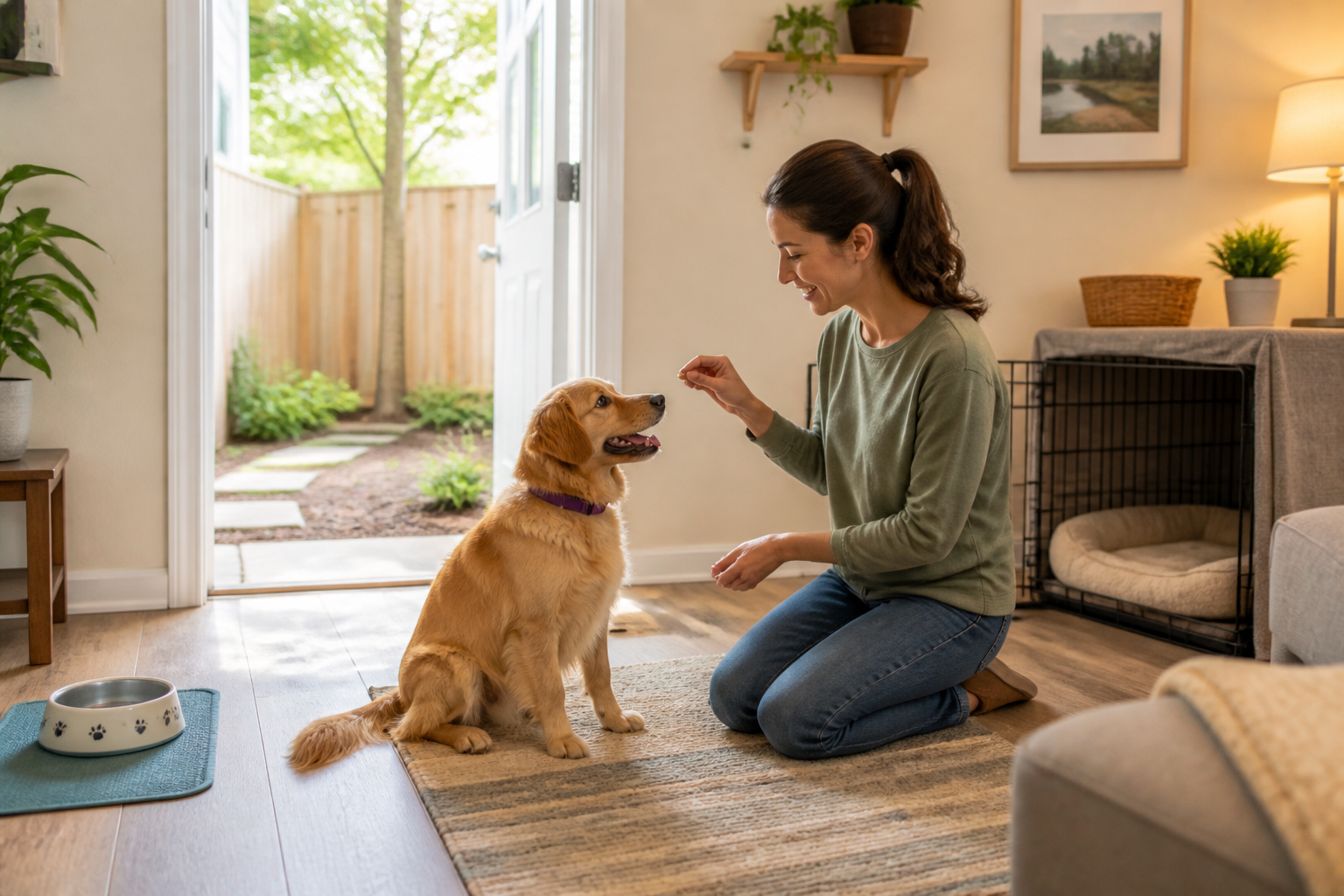 Dog learning designated potty, feeding, and sleeping areas in a calm home