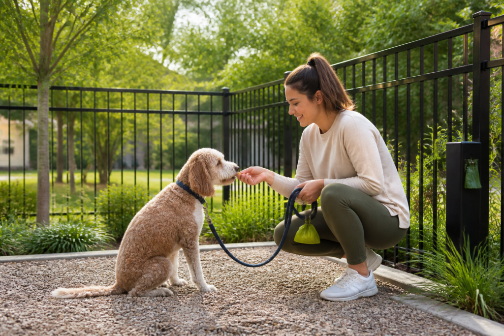 Owner rewarding a dog for using the designated potty area