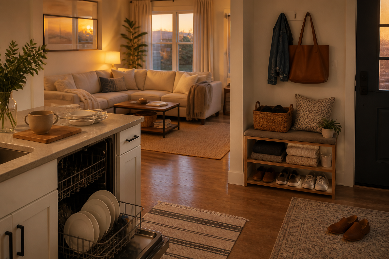 A calm, tidy home being reset in the evening with organized kitchen, living room, and entryway