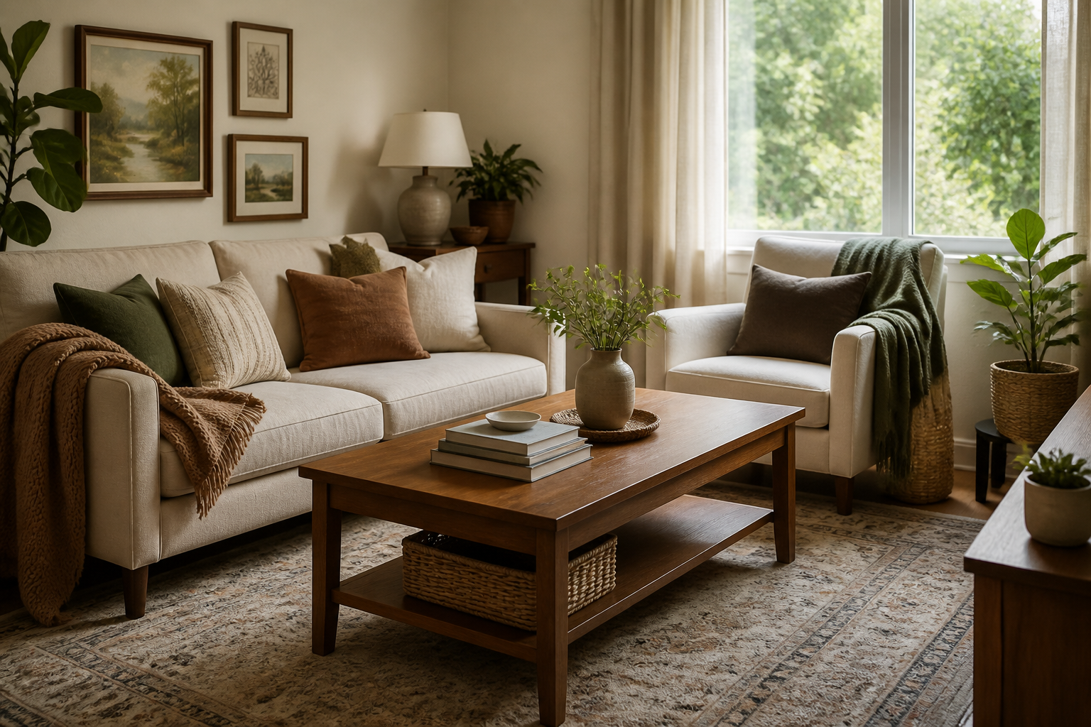 A calm living room refreshed by decluttering, rearranging furniture, and restyling existing decor