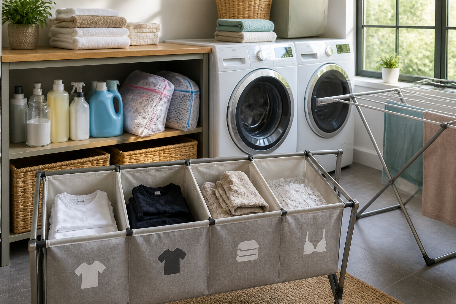 Organized laundry room with sorting hampers, supplies, folded towels, and drying rack