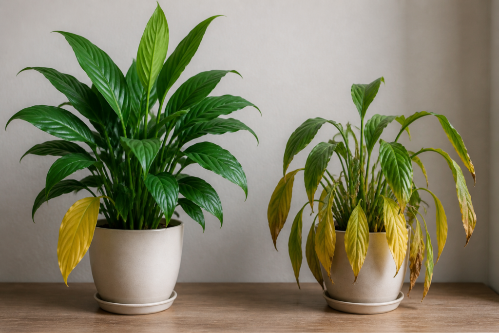 Comparison of normal aging yellowing on one lower leaf and widespread plant stress