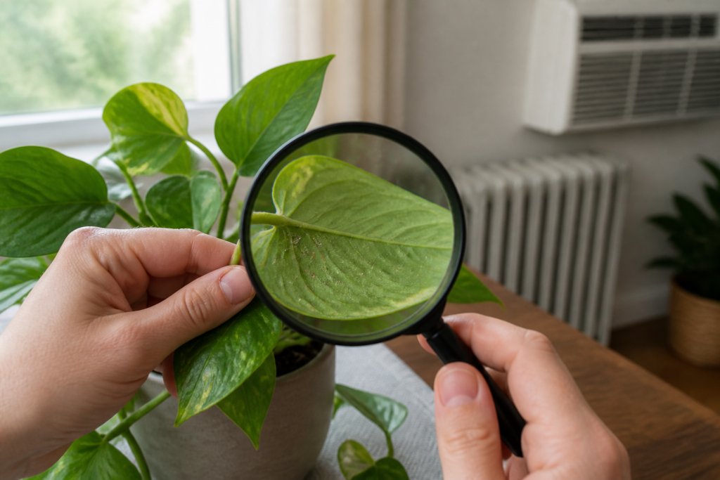 Inspecting a houseplant for pests while managing light and temperature stress