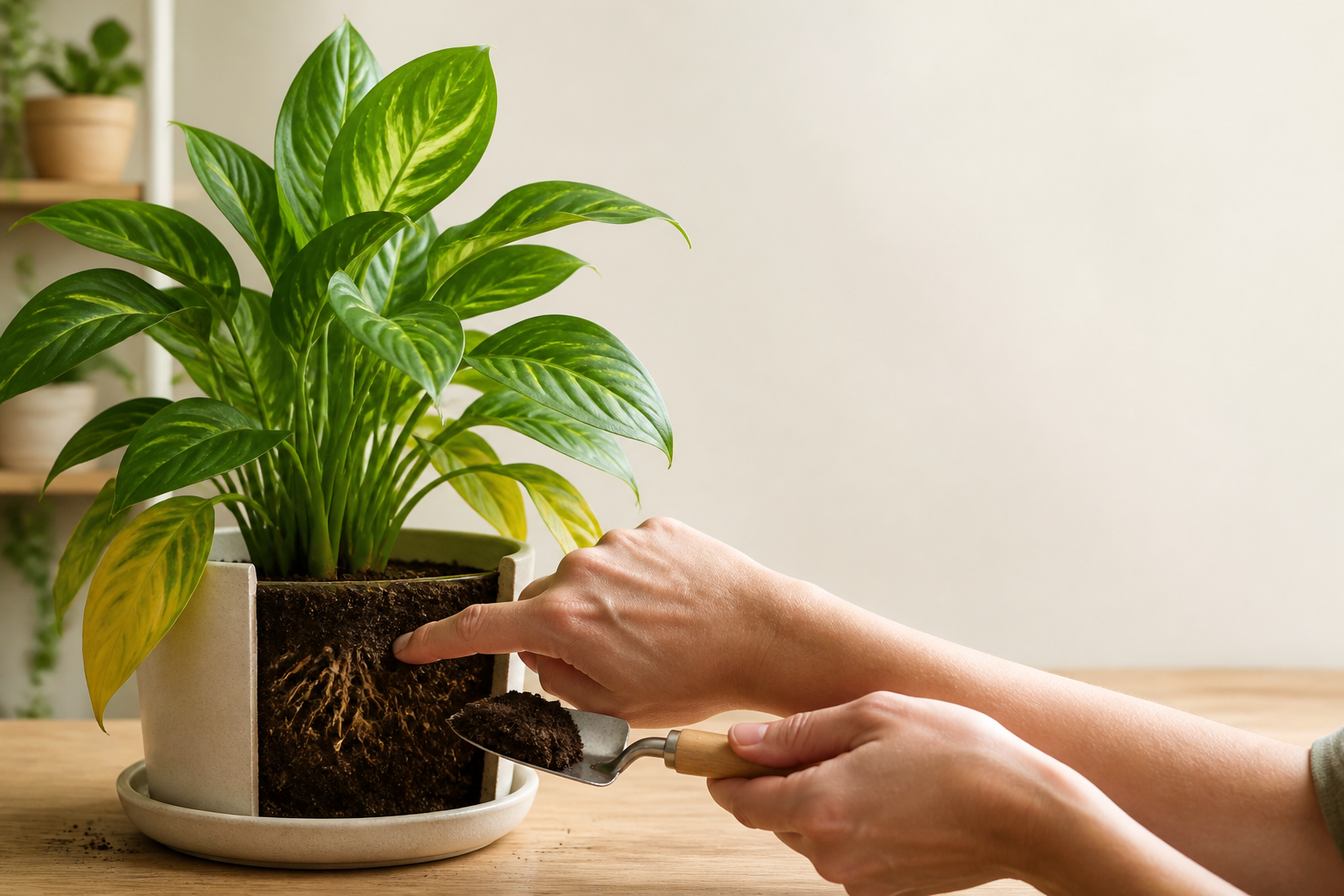 Potted houseplant with yellow leaves while the soil moisture is being checked