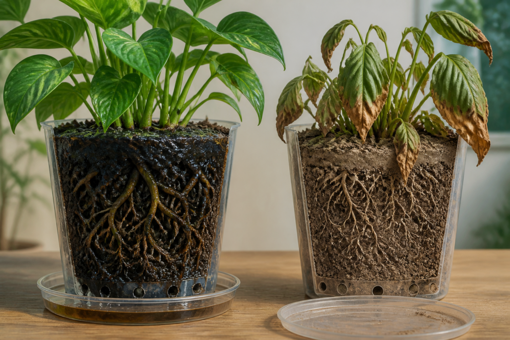 Visual comparison of overwatered and underwatered houseplant roots and leaves
