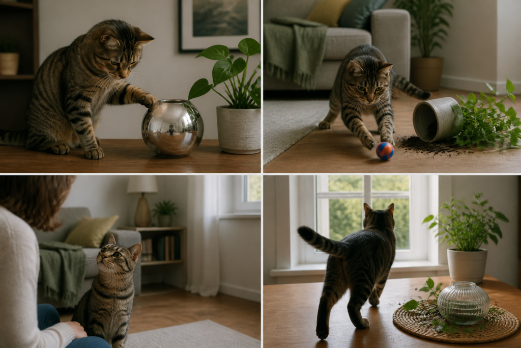 A cat investigates, plays with, seeks attention around, and moves through objects on a table.