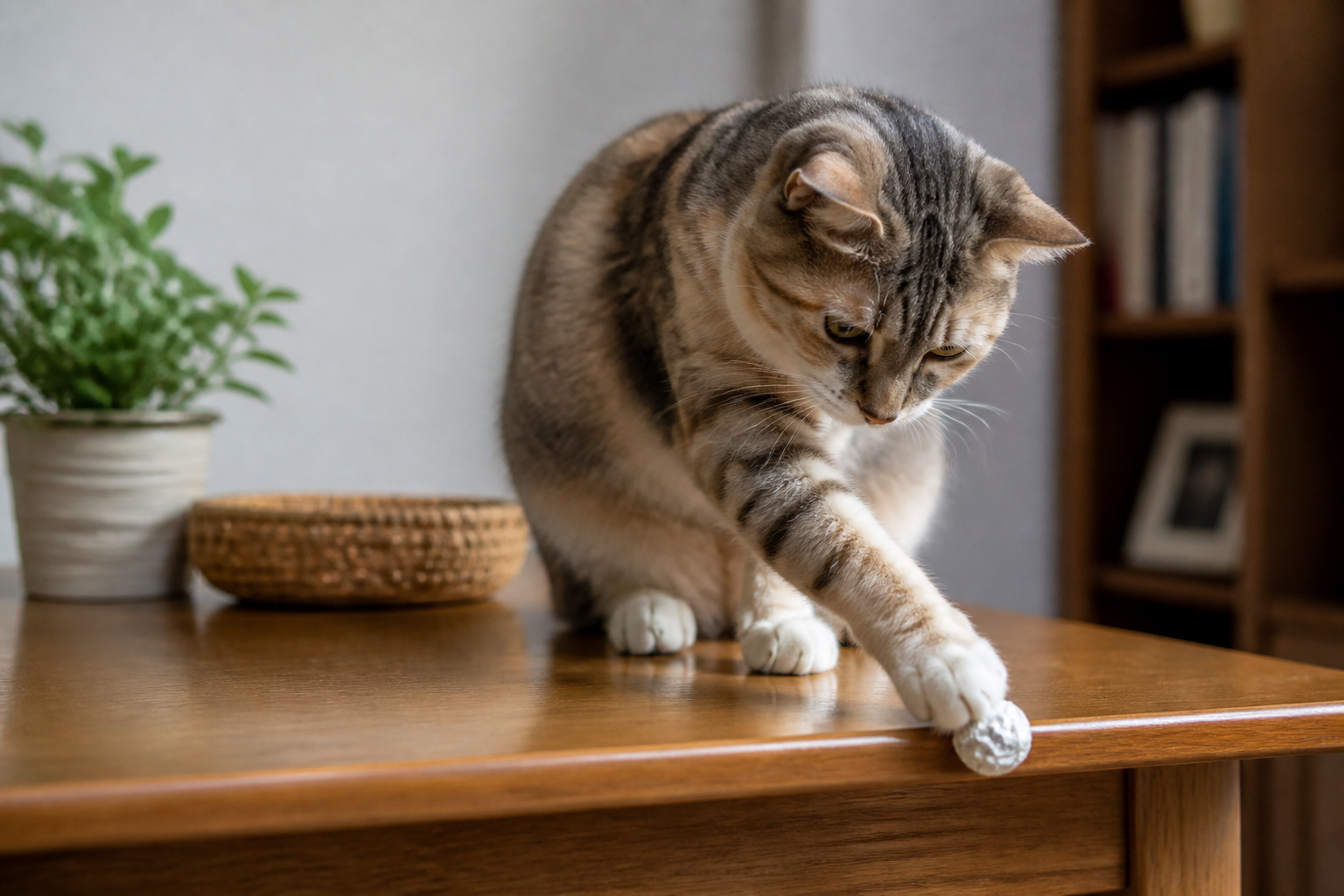 A curious cat uses one paw to tap an object near the edge of a table.