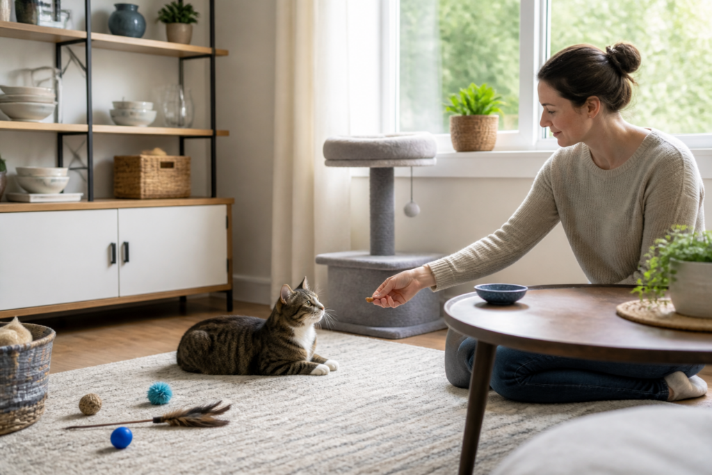 A safe setup gives the cat a window perch and appropriate toys while fragile objects are kept out of reach.