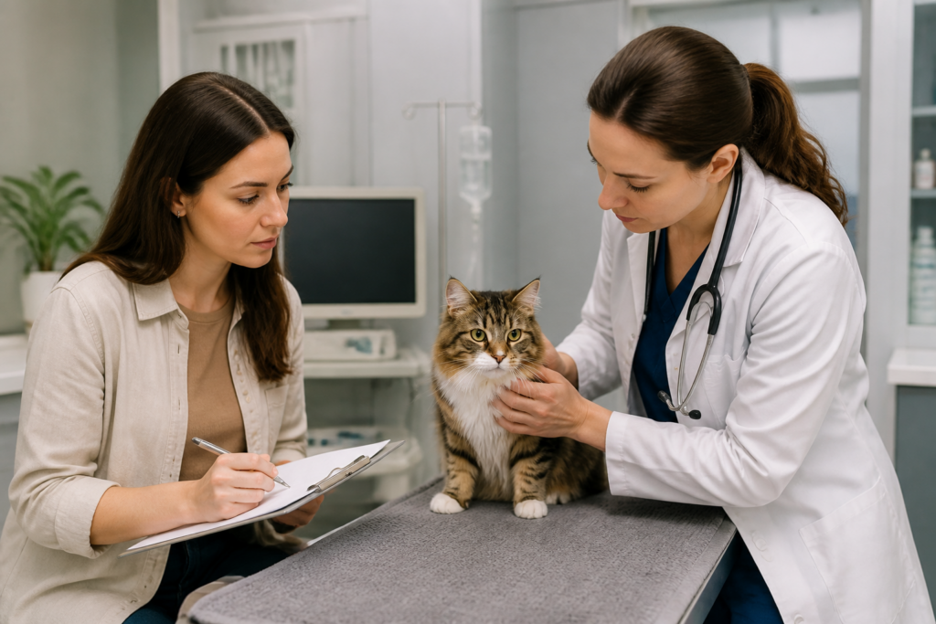 A veterinarian evaluates a cat after a sudden or unusually intense change in behavior.