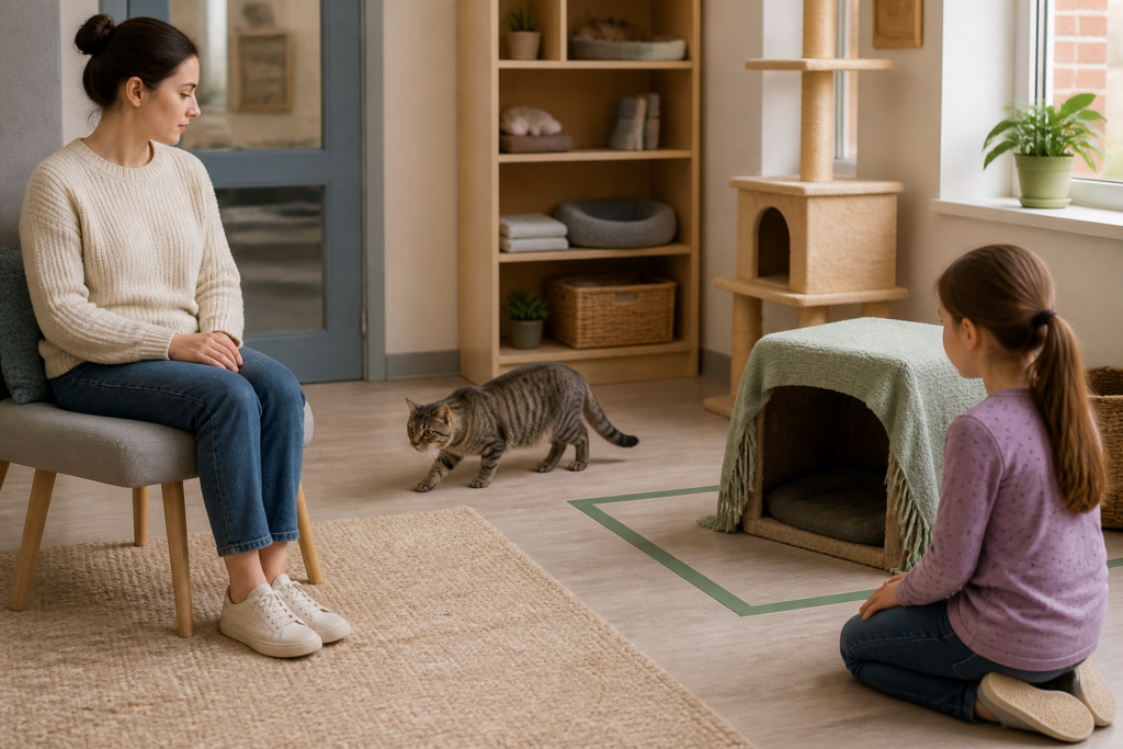 A calm visitor lets the cat choose whether to approach while children leave its hiding place alone.