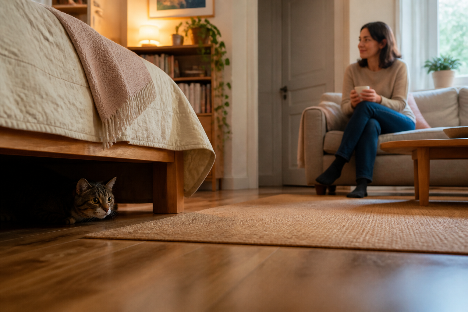 A cautious cat hides safely under a bed while a visitor gives it space.