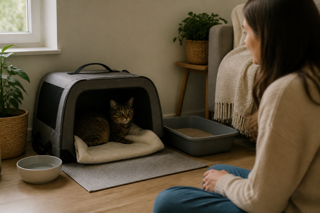 A prepared quiet retreat gives a cat water, litter access, and a safe place during a visit.