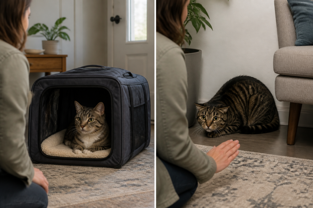 Comparison of a cat showing normal cautious observation and a cat showing intense stress signs.