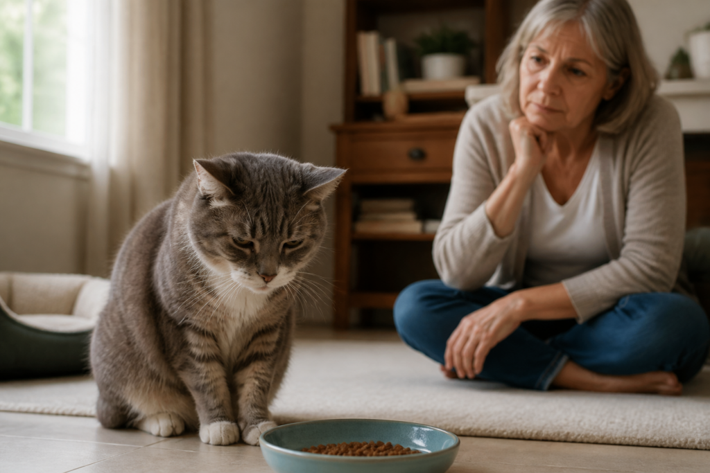 Cat showing reduced appetite and low energy near an untouched bowl