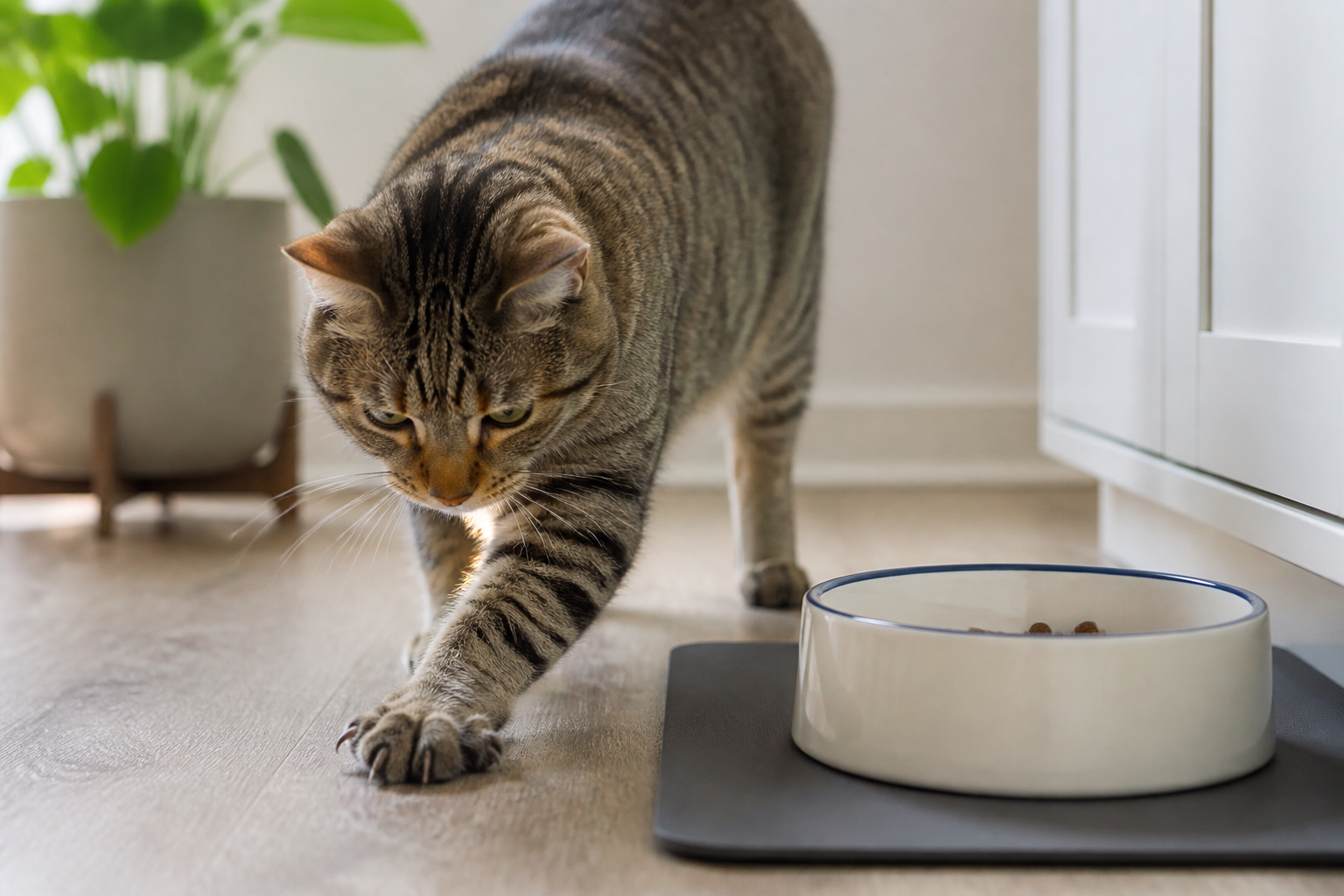 Healthy cat scratching the floor beside her food bowl