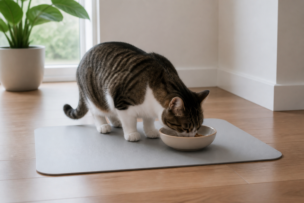 Quiet, stable cat feeding area with a non-slip mat