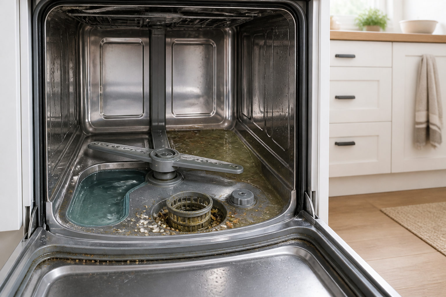 Open dishwasher showing food debris near the filter, residue on the door gasket, and water in the sump as common sources of bad odors