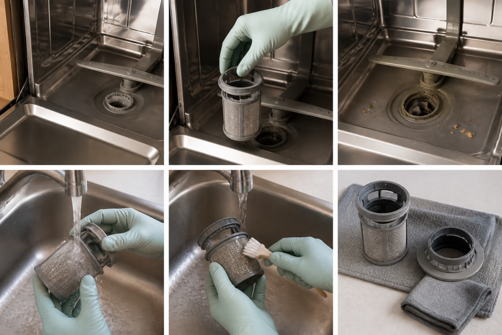 Removing and gently cleaning a dishwasher filter while inspecting the filter housing and drain area