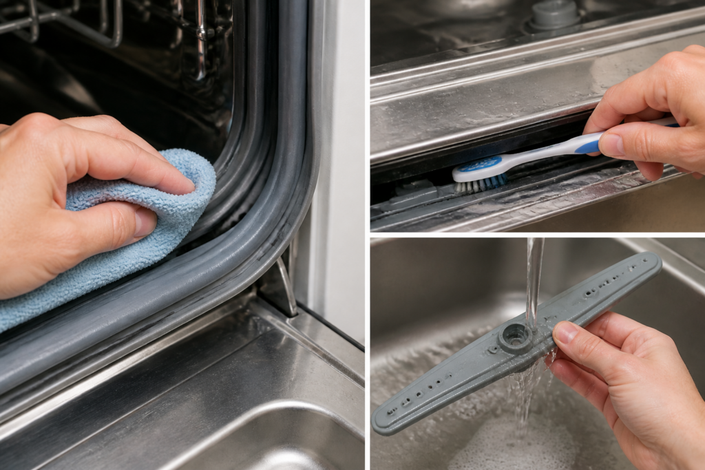 Safely cleaning the dishwasher door gasket, lower door edge, and spray arm with gentle tools