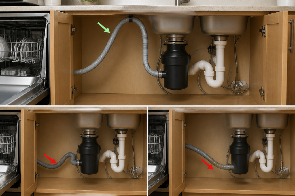 Under-sink dishwasher drain hose with a correct high loop and examples of kinking or wastewater backflow