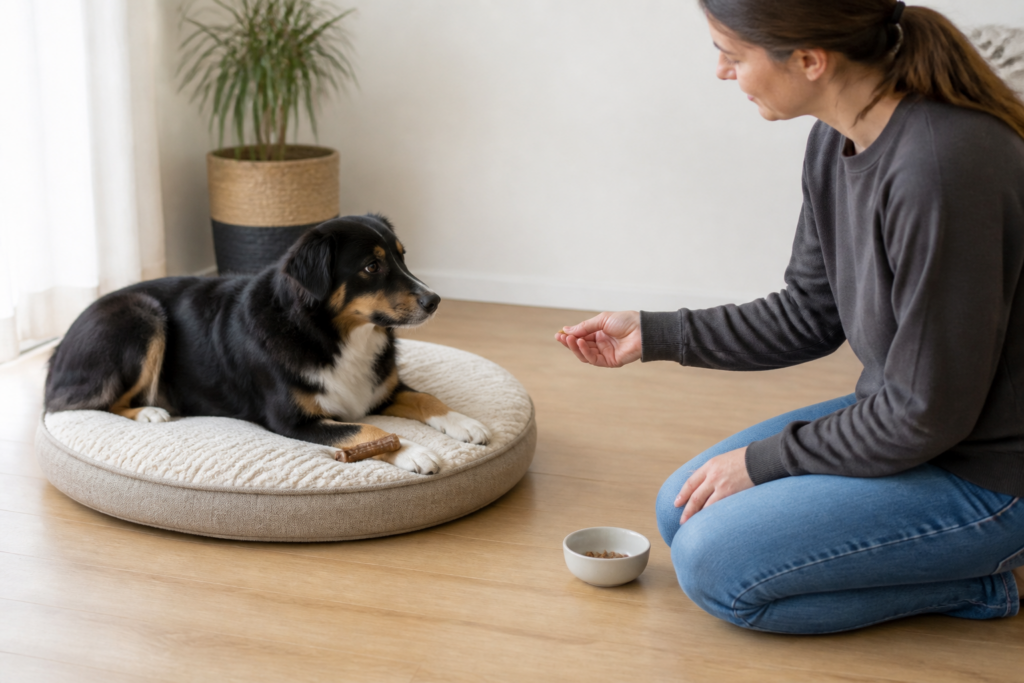A dog learns to relax independently on its bed while receiving calm positive reinforcement.