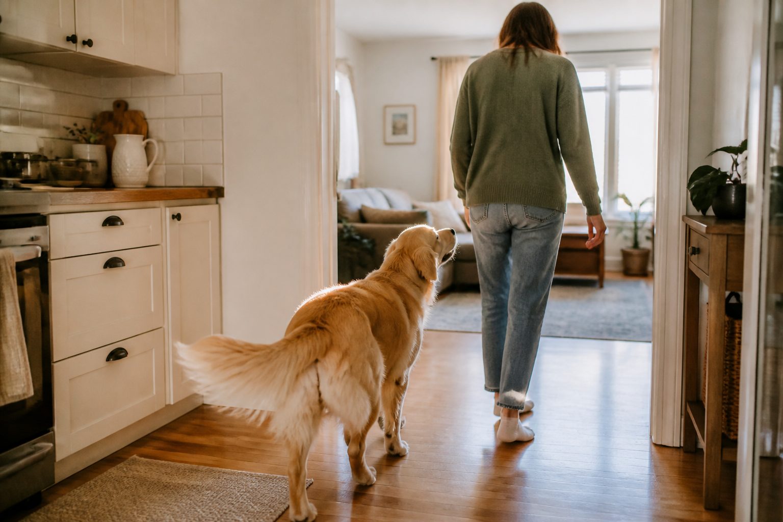 A relaxed dog follows its owner through the home.