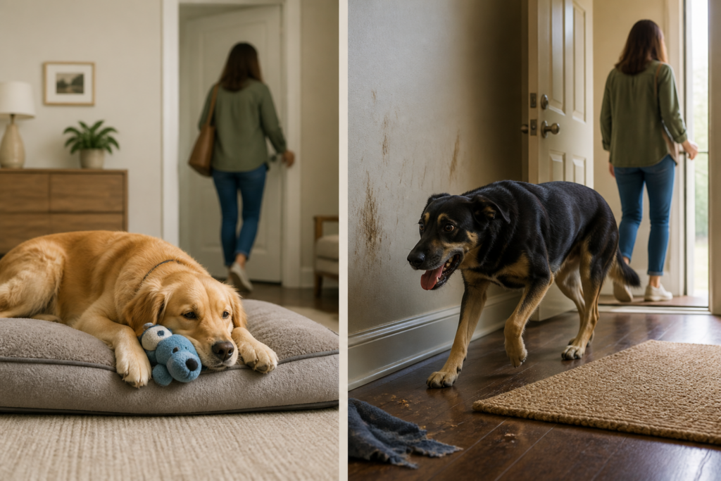 A relaxed dog settles independently, while an anxious dog shows pacing and distress near a door.
