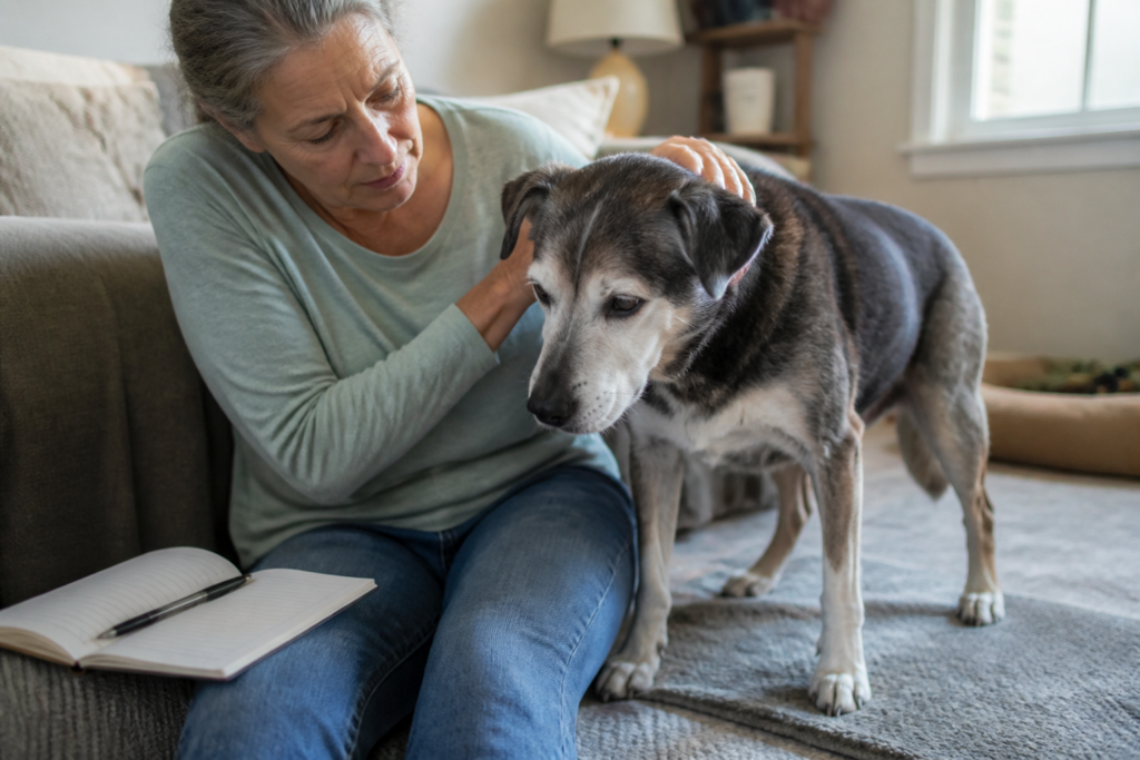 An older dog stays close to its owner while the owner observes possible health-related behavior changes.