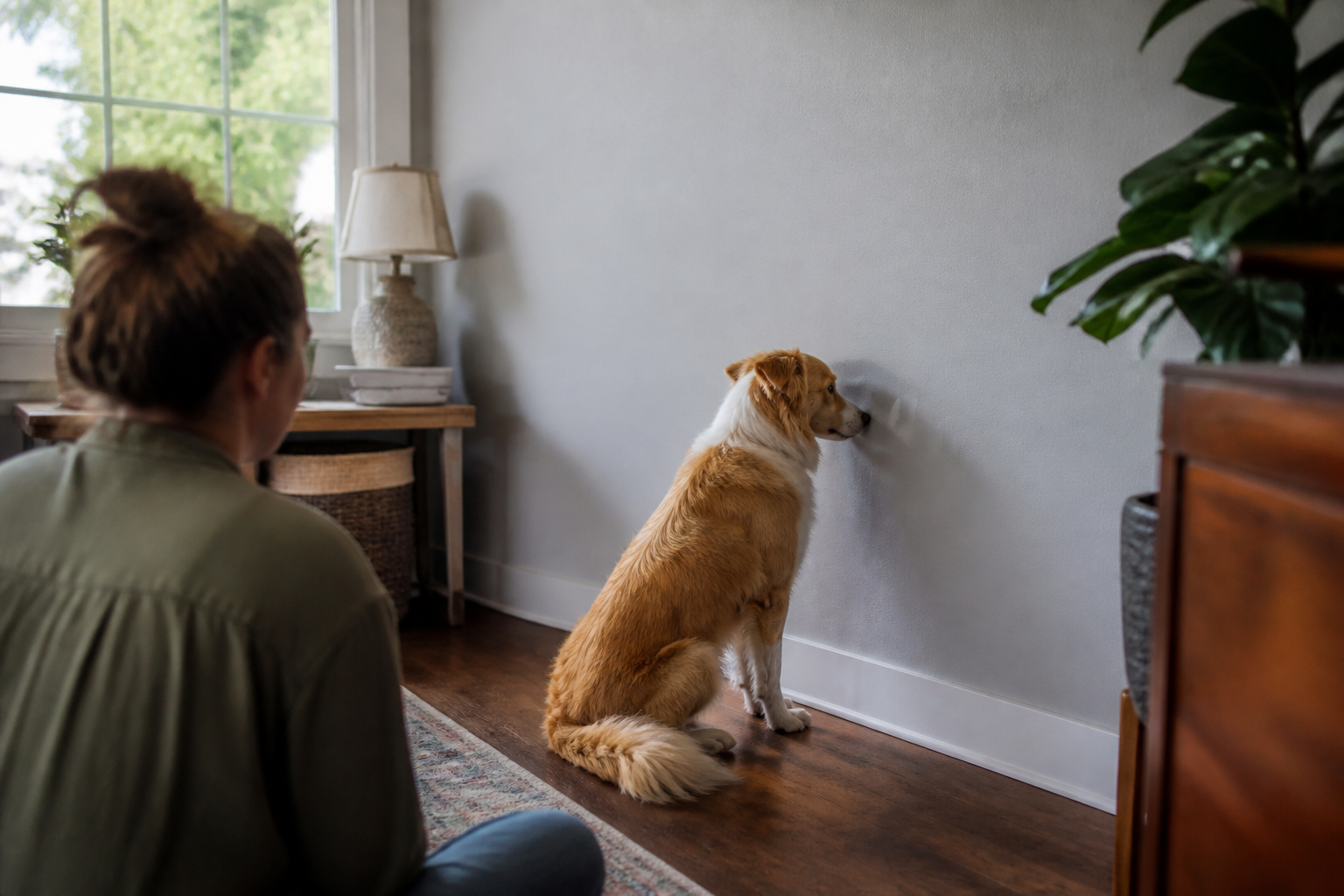 A relaxed dog briefly looking toward a wall while its owner observes from a safe distance