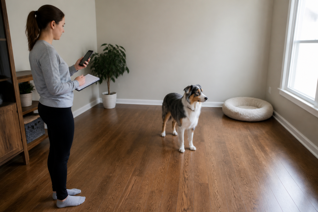 An owner safely observes and records a dog’s brief staring episode without interrupting it