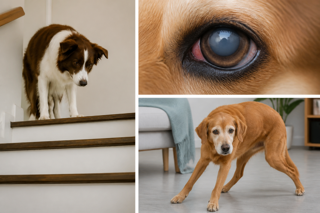 Examples of changes such as difficulty navigating, eye abnormalities, and poor balance that may warrant veterinary advice