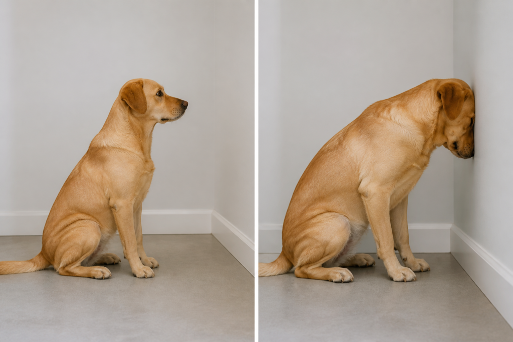 Visual distinction between ordinary wall-gazing and forceful head pressing that requires urgent veterinary assessment