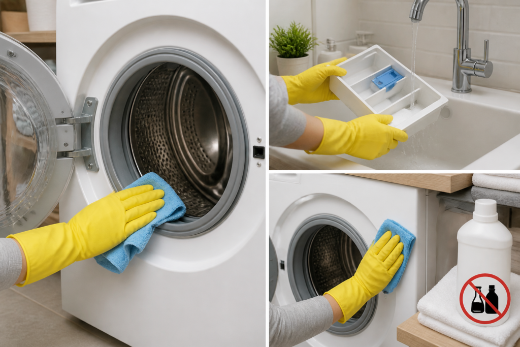 Cleaning a washing machine gasket and detergent drawer before rewashing laundry