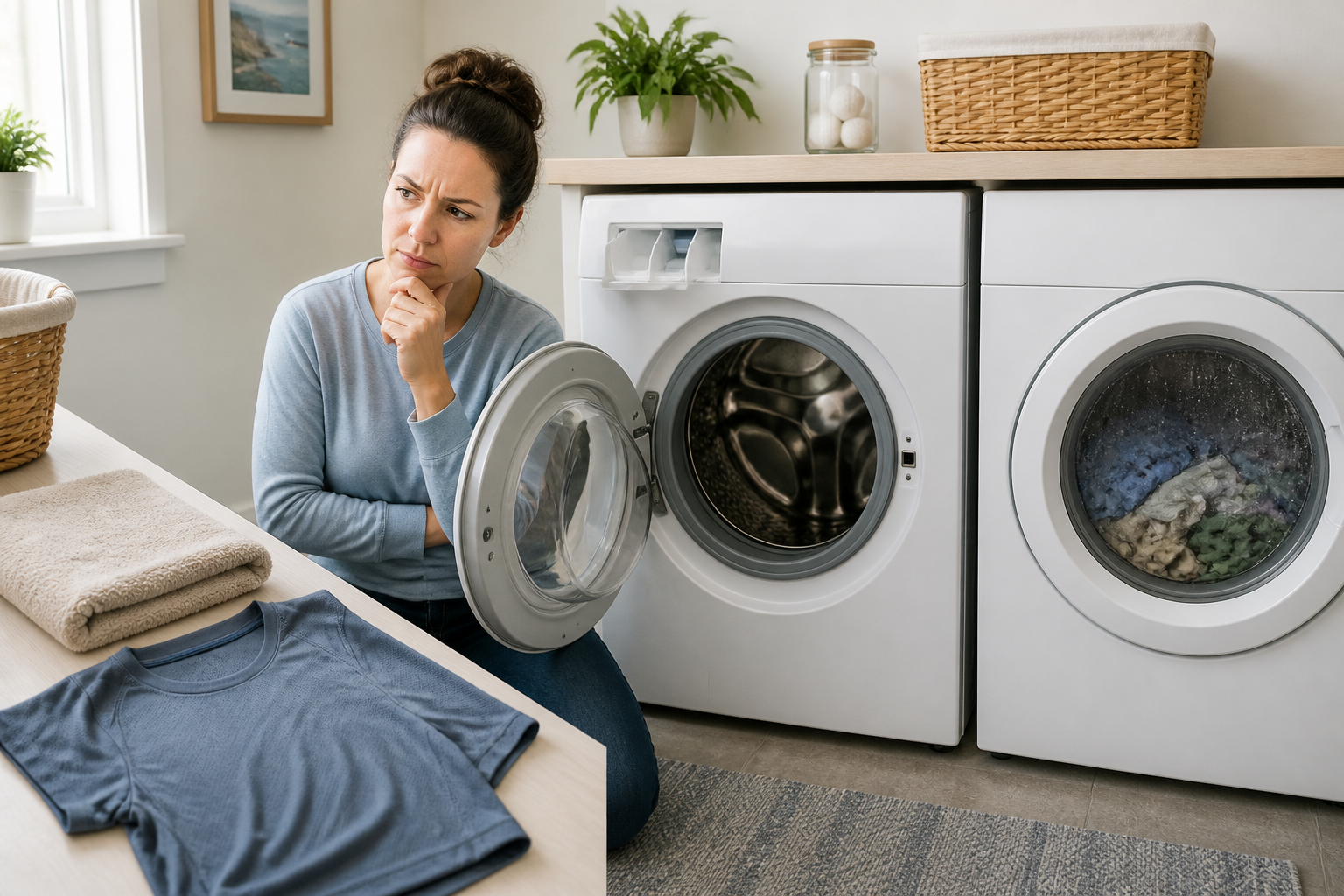 Person checking whether bad laundry odor comes from the fabric, washing machine, or damp storage