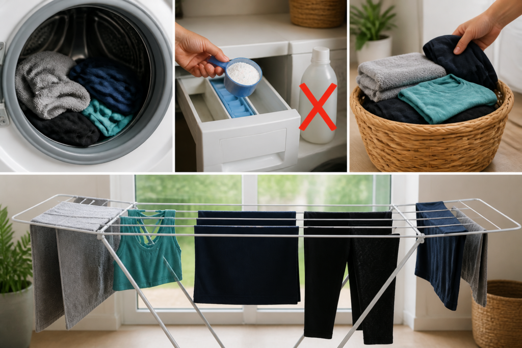 Rewashing odor-affected laundry with a properly sized load, measured detergent, and thorough drying