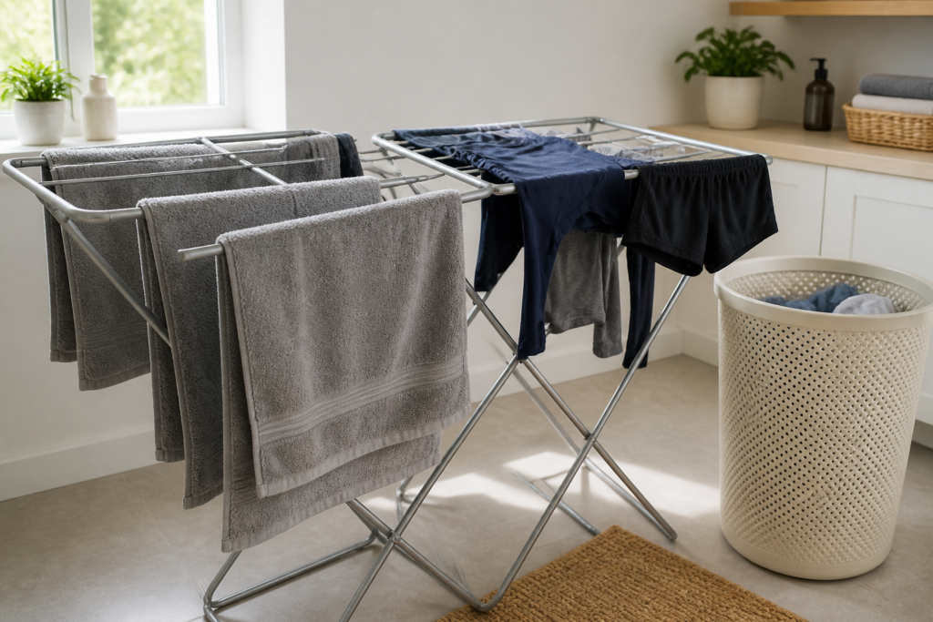 Spreading damp towels and workout clothes apart so they dry fully and do not develop odors