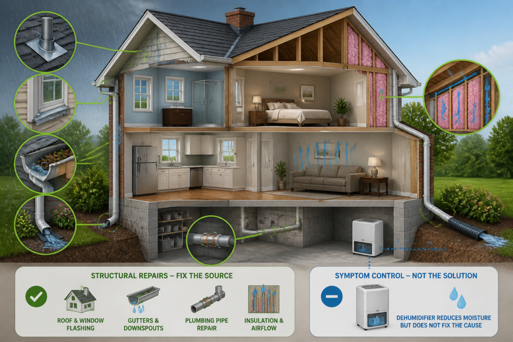 Cutaway illustration matching permanent repairs to roof, plumbing, foundation, humidity, and insulation problems.