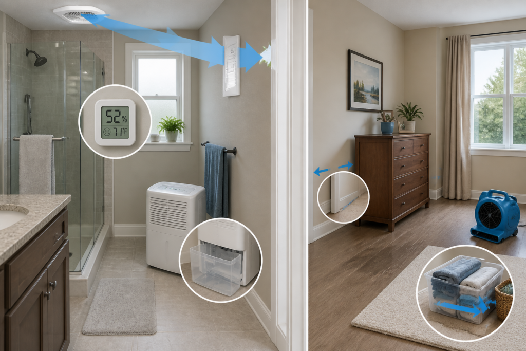 Home moisture-control measures including ventilation, humidity monitoring, dehumidification, airflow, and protecting belongings.