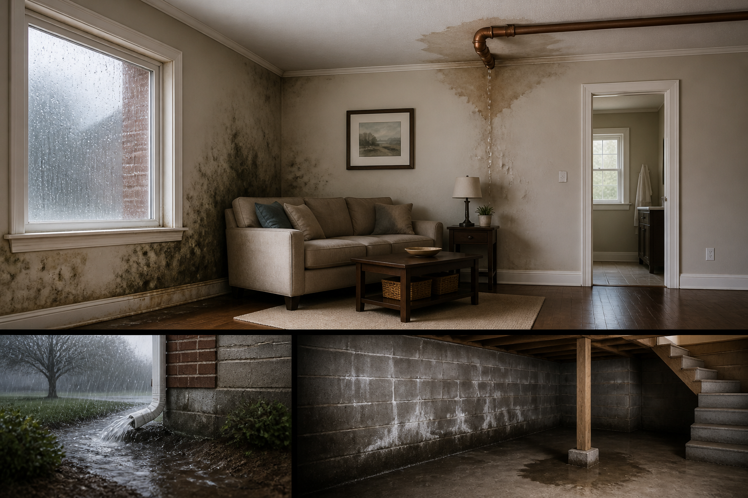 Illustration comparing condensation, plumbing leaks, and exterior or foundation moisture as common causes of recurring mold.
