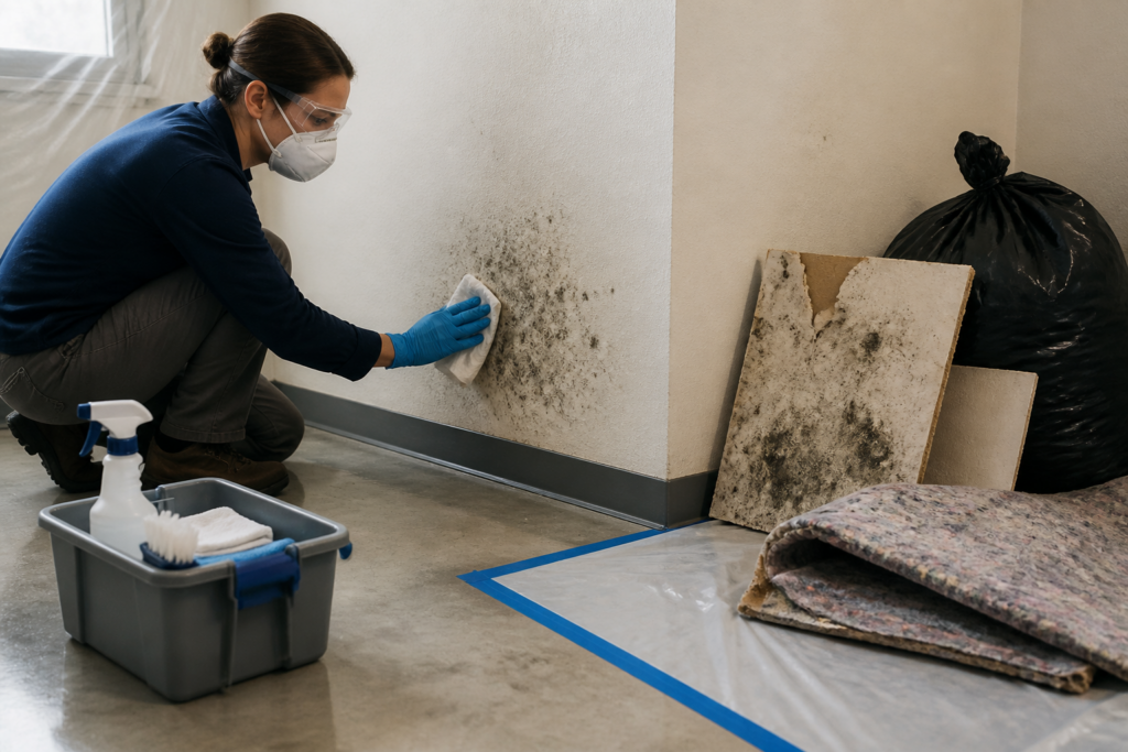 Safe small-area mold cleanup after moisture control, contrasted with porous materials that may need removal or professional assessment.