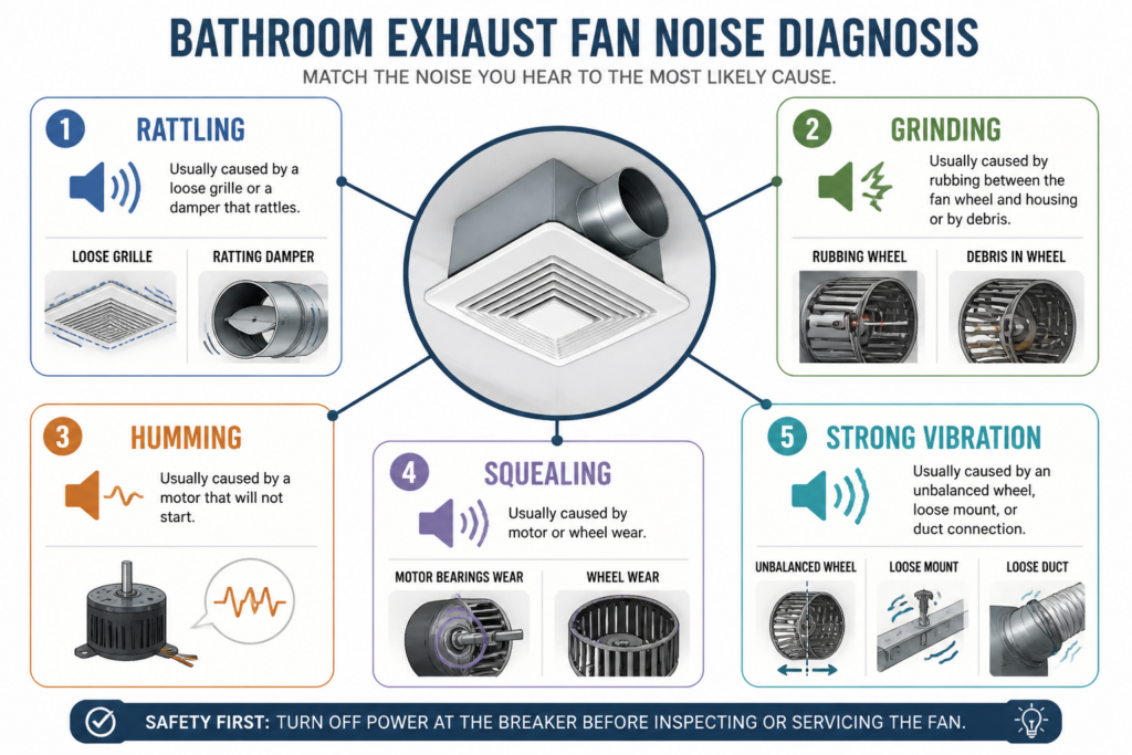 Diagram matching common bathroom exhaust fan sounds with the parts to check next.