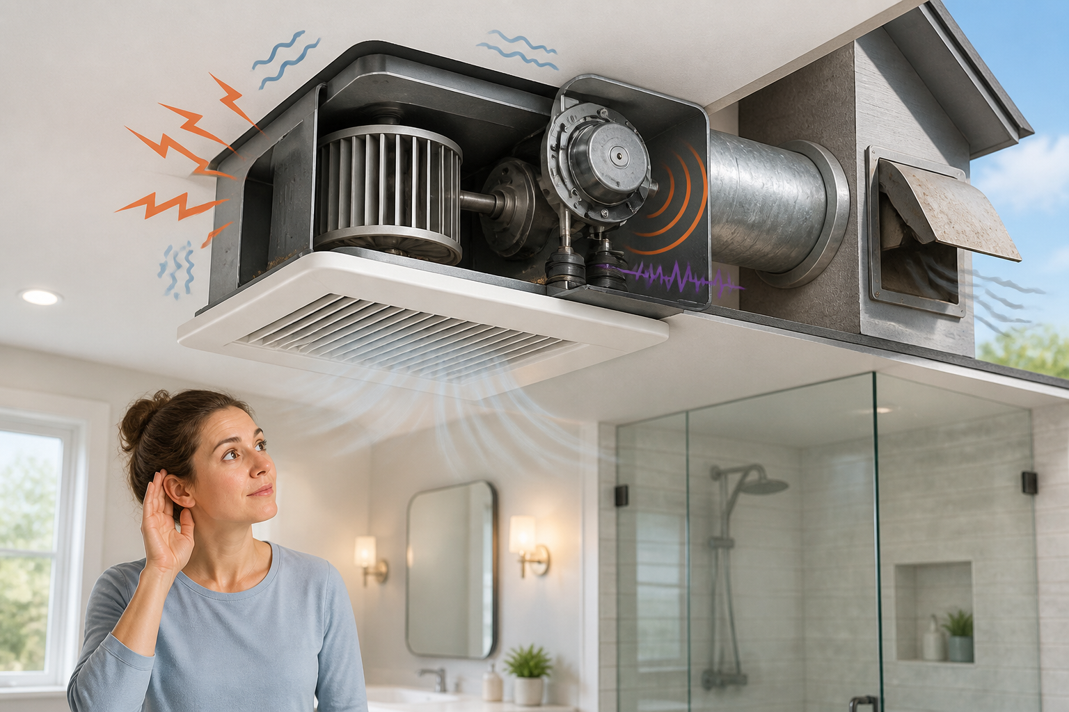 Homeowner safely diagnosing a noisy bathroom exhaust fan by listening for sounds and checking airflow.