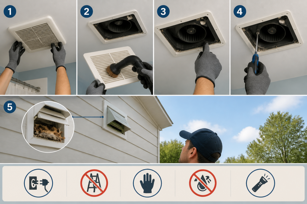 Safe cleaning and inspection of the accessible fan grille, housing, mounting, duct, and exterior damper.
