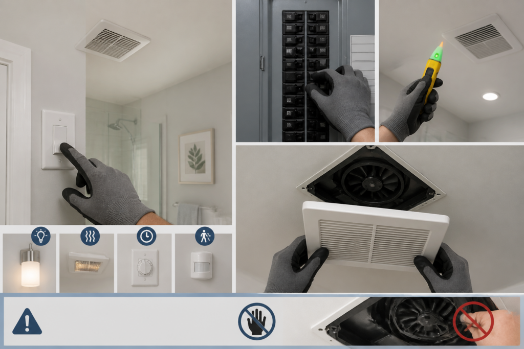 Safe power-isolation steps before removing and inspecting a bathroom exhaust fan grille.